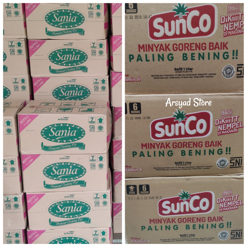 

Minyak goreng 1 Liter Dus : sania, sunco, rosebrand, fortune, sovia