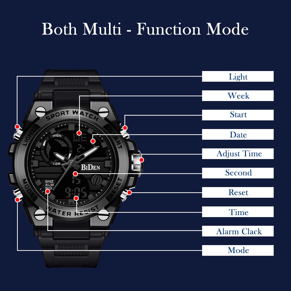 BIDEN Jam Tangan Pria R004 Olahraga Olahraga Alarm Jam Digital Tali Silikon Anti Air Jam Tangan Cowok