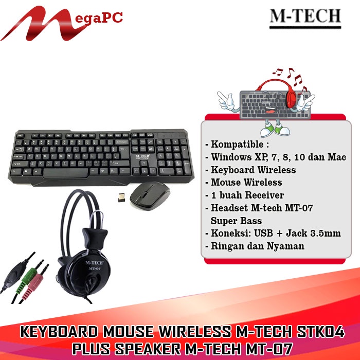 Combo Paket Keyboard Mouse Wirlles M-Tech Stk 04 + Headset M-tech MT07