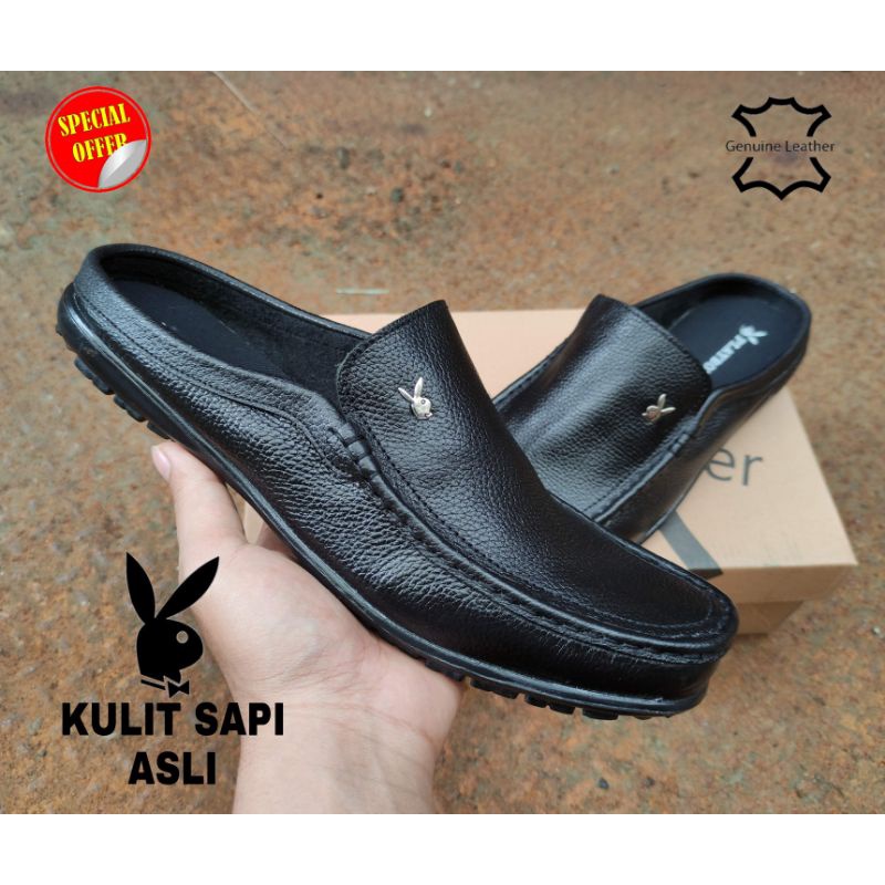 sepatu sandal pria 100% kulit sapi asli slop pria kulit asli