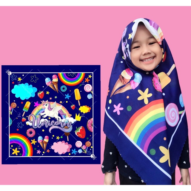 VOAL PRINTING M0TIF UNICORN ICE CREAM / HIJAB ANAK MOTIF KUDAPONY / JILBAB ANAK KARAKTER LUCU