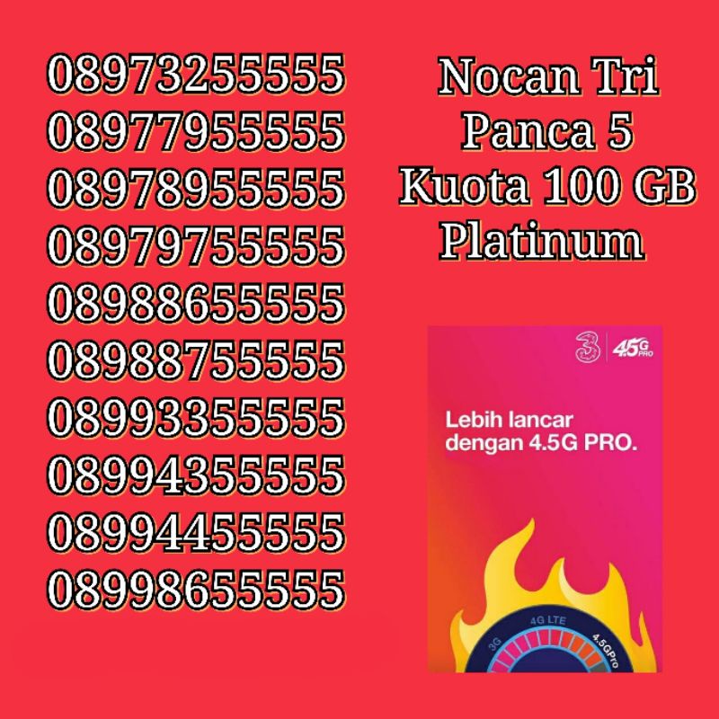 NOCAN Nomor Cantik Panca 5 Kartu Perdana Simcard Tri Three 3 4G LTE Kuota 100 GB Platinum