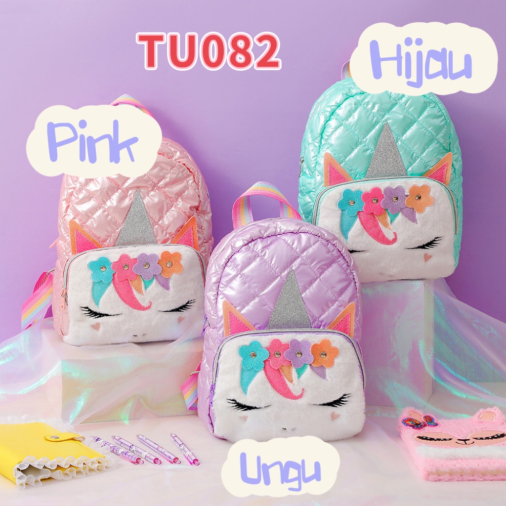 Tas ransel unicorn metalik bulu TU082 anak perempuan paud sd backpack sekolah