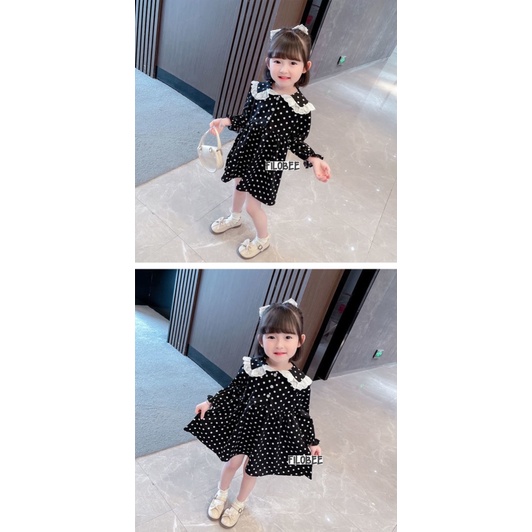 FILOBEE DRESS ANAK PEREMPUAN/DRESS POLKADOT HITAM/MODEL KERAH BULAT TEMPEL RENDA