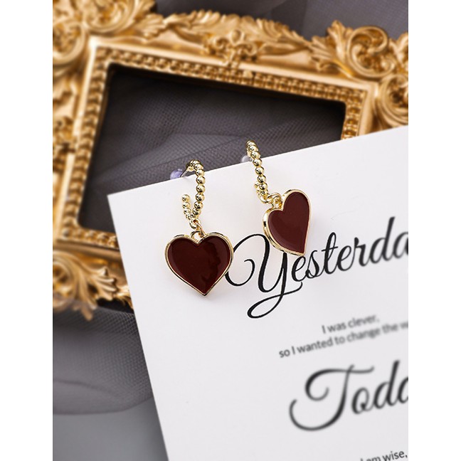 LRC Anting Tusuk Fashion Long Red Drop Glaze Love Earrings D15279