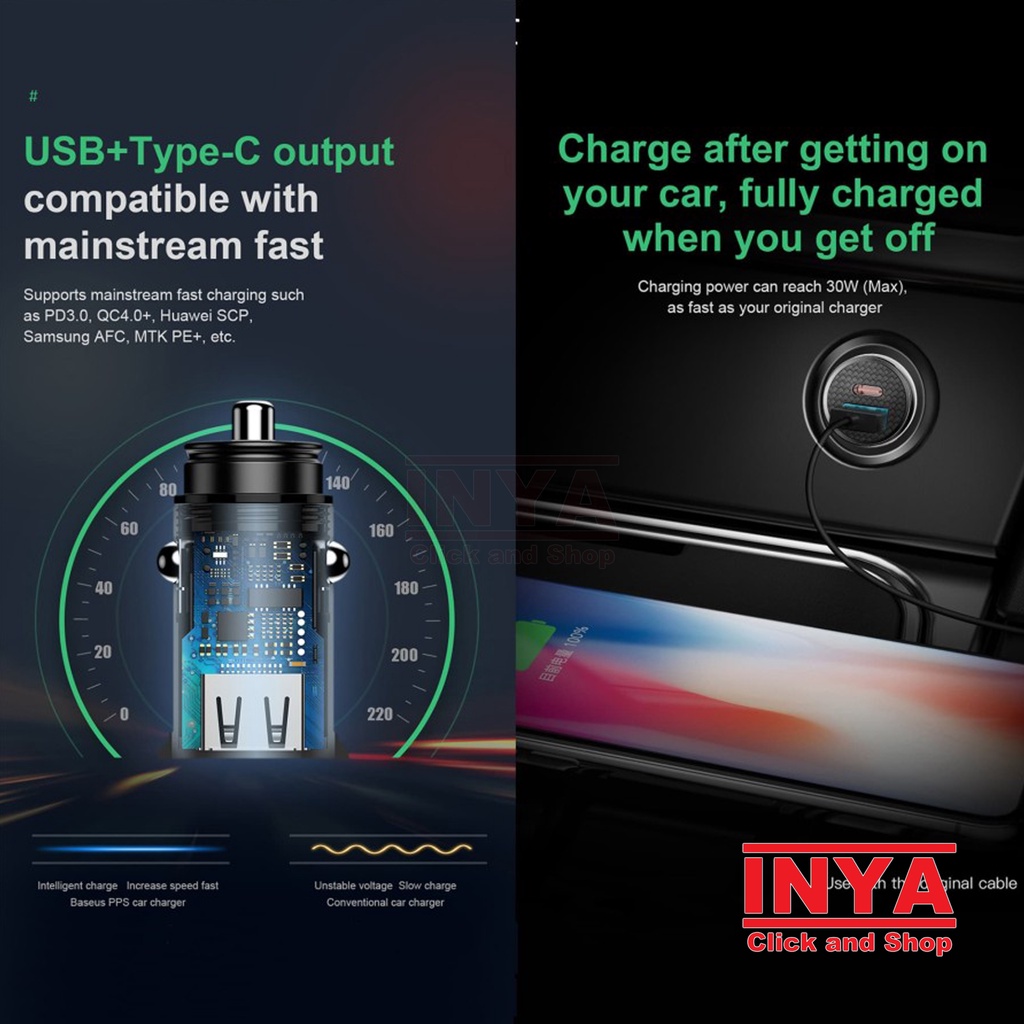 BASEUS inAUTO CAR CHARGER 30W Type-C+USB Output BS-C16C1-X - Charger Mobil