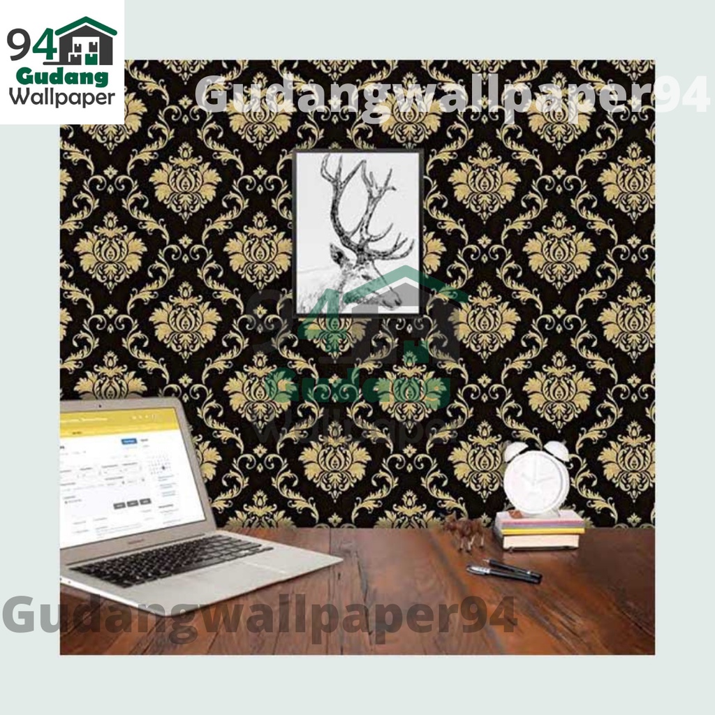 (COD) Gudang Wallpaper  Dinding kamar anti air Murah Dan Terbaik Motif Batik Emas Hitam Bahan PVC Premium (SUDAH ADA LEM)