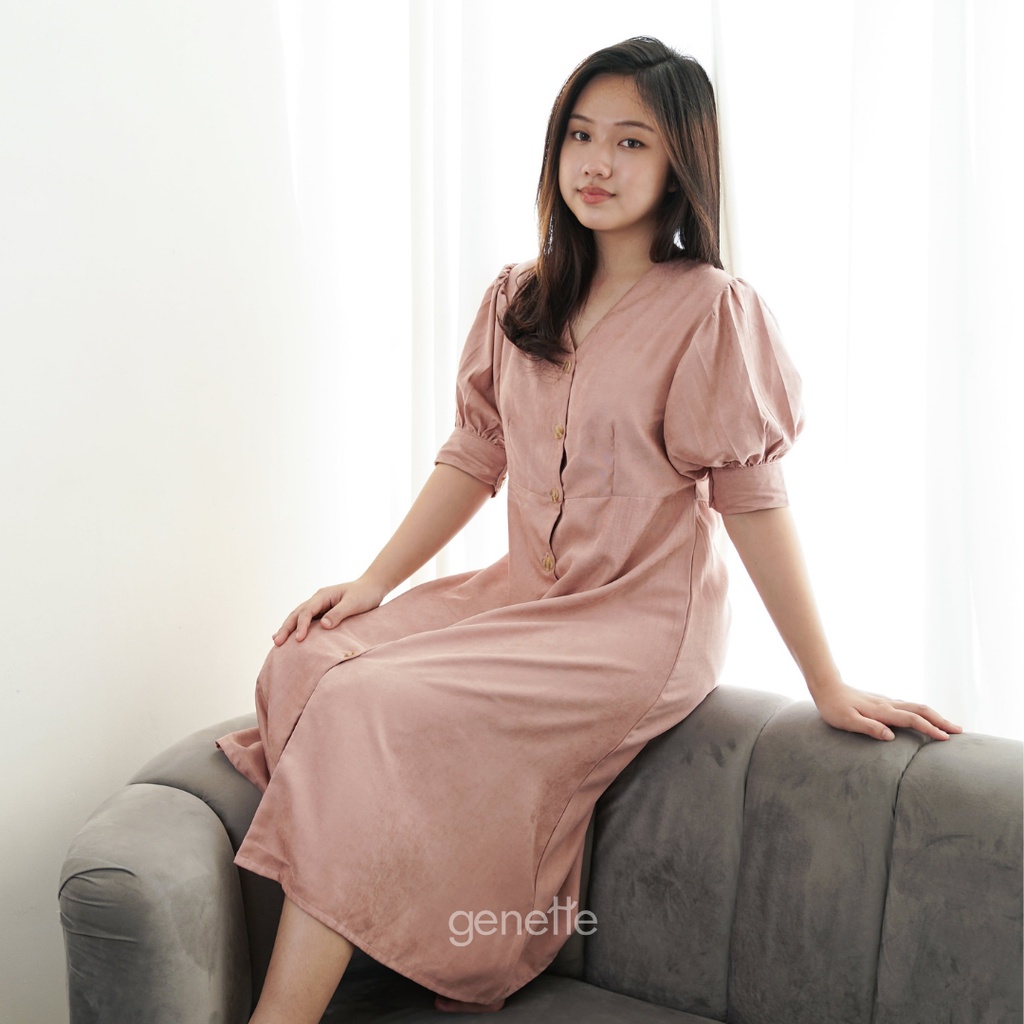 Elisha Dress korea Dress panjang simple warna pink warna nude lengan puffy kancing depan feminim nya