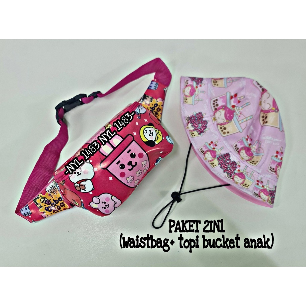 Waistbag Anak Karakter 2in1 - Tas + Topi Bucket