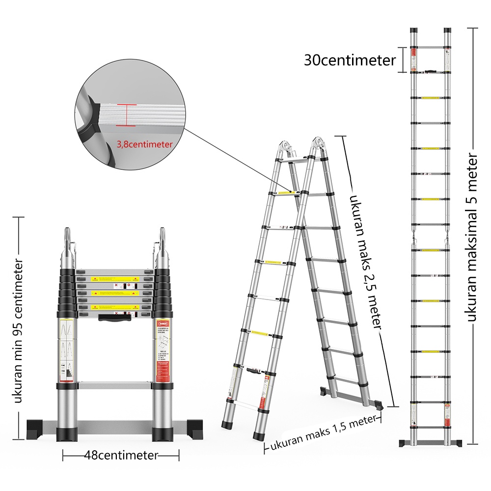 IXCE tangga lipat aluminium serbaguna 5m（2.5m+2.5m） tangga tujuan ganda bahan paduan aluminium berkualitas tinggi tidak berkarat,Sendi menebal, lebih aman elektronik rumah tangga kebutuhan rumah tangga Harga grosir bisa nego