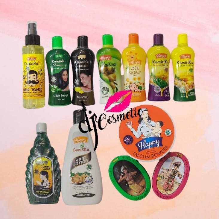 Happy Kemiriku Minyak Rambut Kemiri 100ml | Shampoo | Shampo Kemiri Vit E 100ml | Lidah Buaya | Aloe Vera 100ml | Hair Lotion Kemiri 100 + 100ml | Hair Tonic Kemiri 125ml | Talcum Powder 150gr | Lavender Pomade 65gr | Urang Aring 90ml | Oil Minyak 100ml