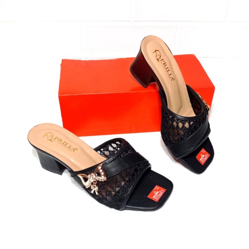 Aprilia sandal brukat wanita hak tahu 5cm/sandal slop slip on anti licin/sendal selop pesta wanita terbaru kekinian/heels brukat pesta