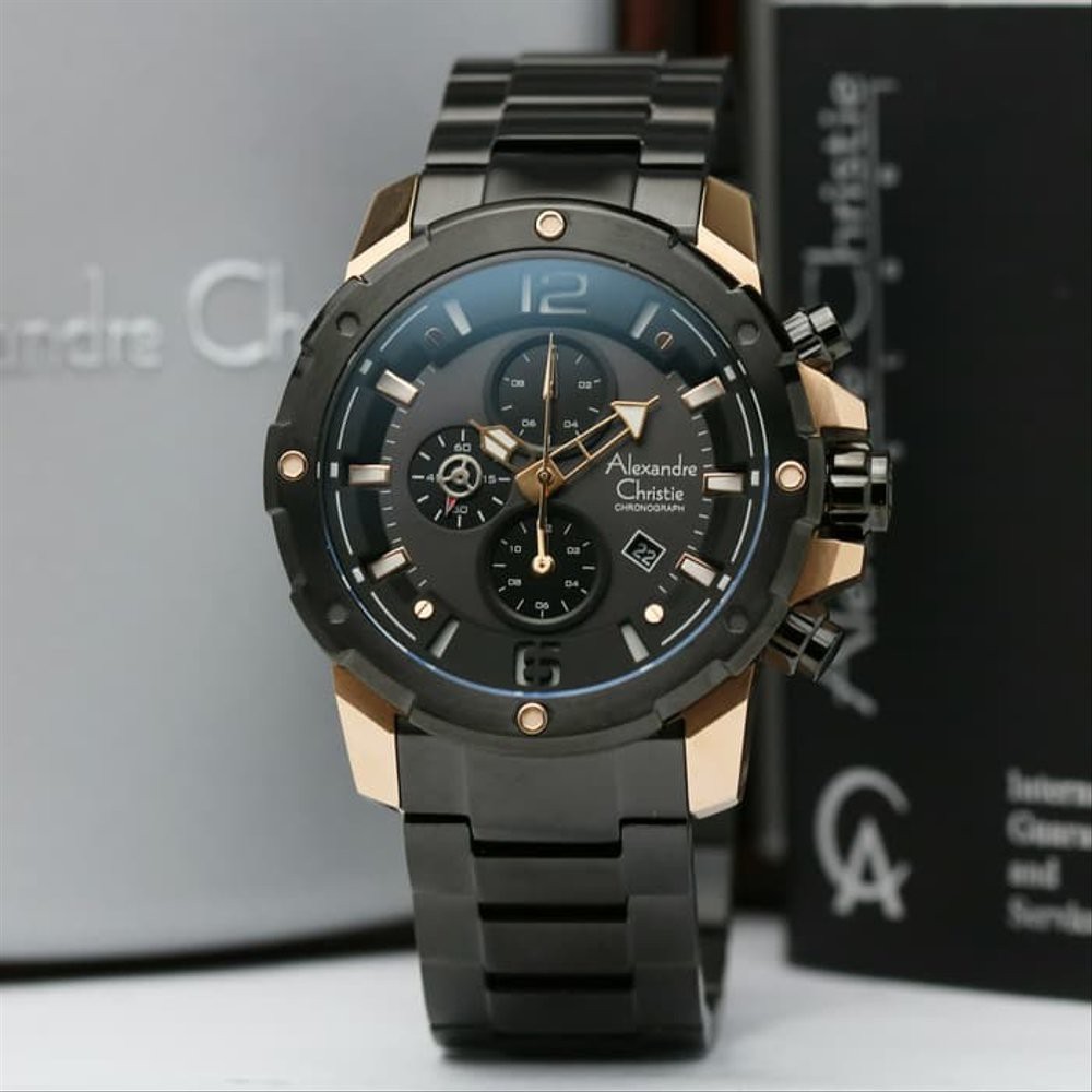 Jam Tangan Pria Sport Model terbaru Best seller ALEXANDRE CHRISTIE Original AC 6410 ROSE GOLD BLACK