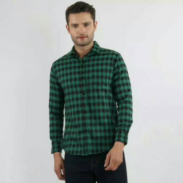 EDWIN JEANS KEMEJA FLANEL SLIM FIT L/S HIJAU-HITAM ORIGINAL.