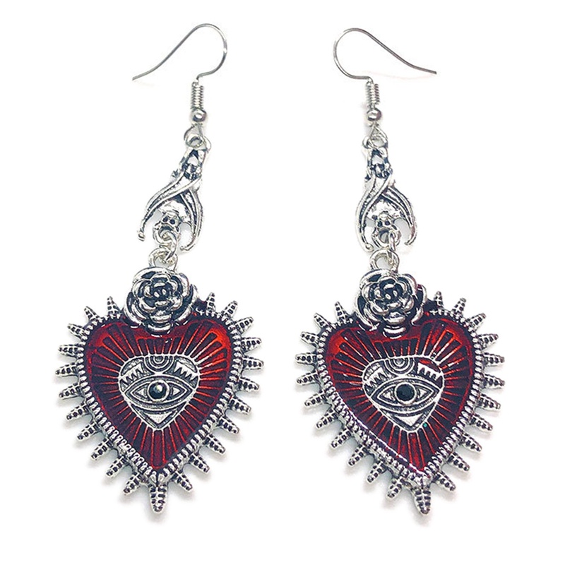 Anting Panjang Model Gantung Desain Mawar Hati Kelelawar Gaya Gothic Retro Untuk Wanita