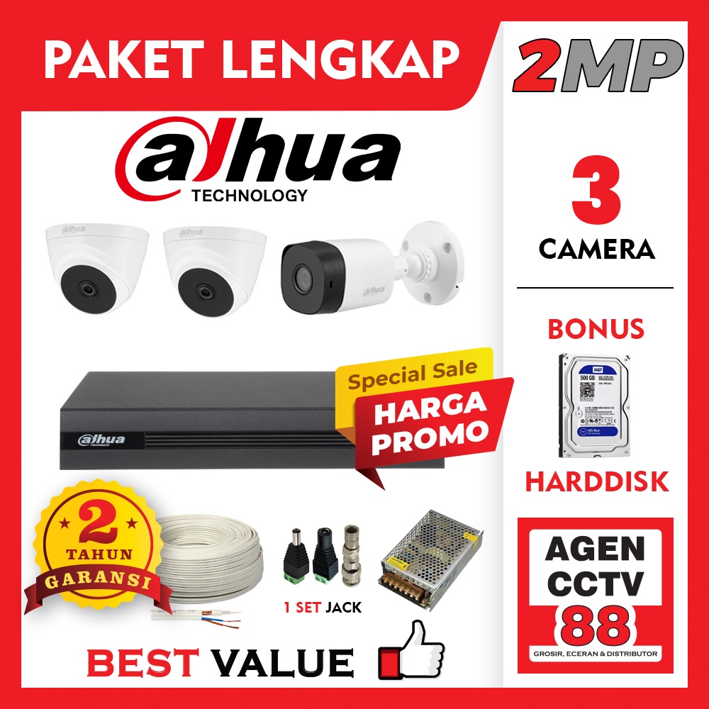 Paket CCTV DAHUA 3 Channel 3CH Kamera Full HD 2MP Komplit Lengkap