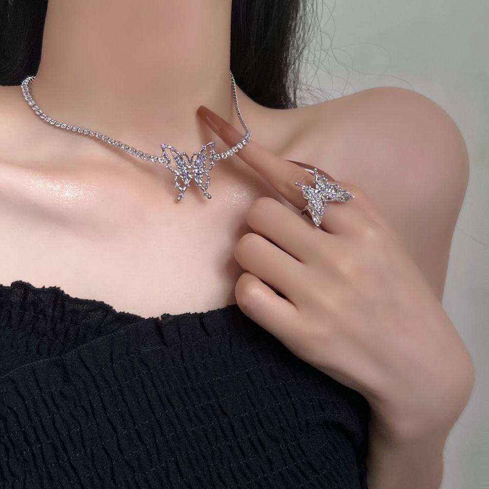 Needway Ungu Zirkon Kalung Perhiasan Aksesoris Kepribadian Vintage Kupu-Kupu Klavikula Rantai Hadiah Y2K Rings Alloy Kristal Gaya Korea Choker