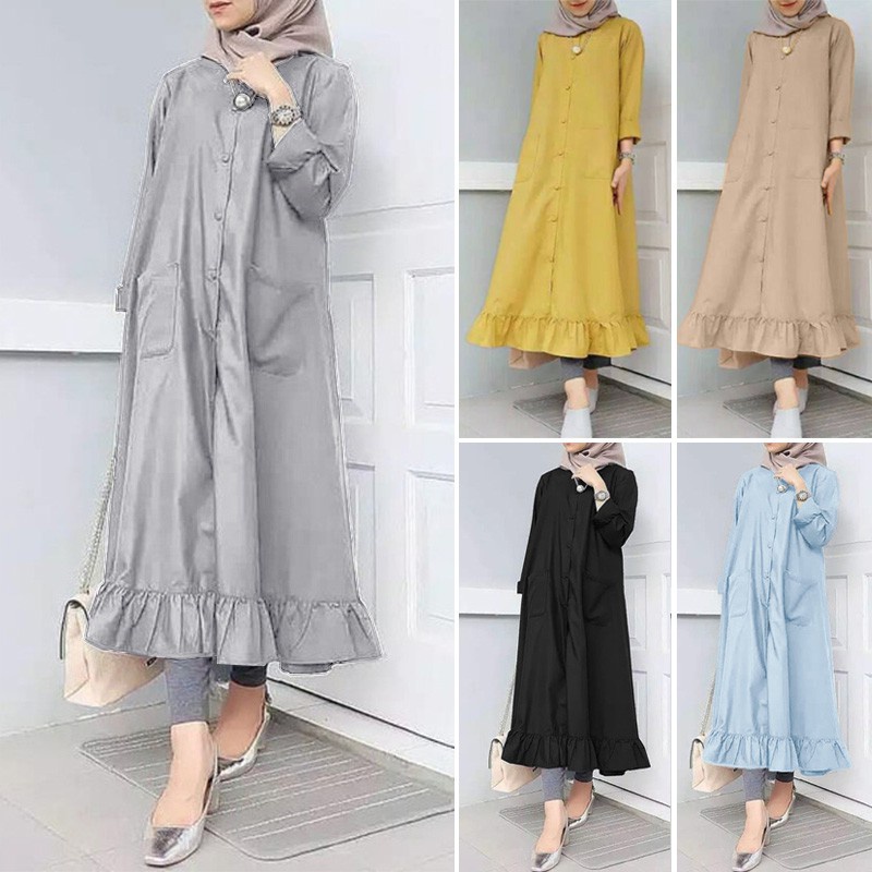 [PRINCESS KESLI]Wanita Vintage Lengan Panjang Kancing Bawah Dress Muslim Hem Frilled