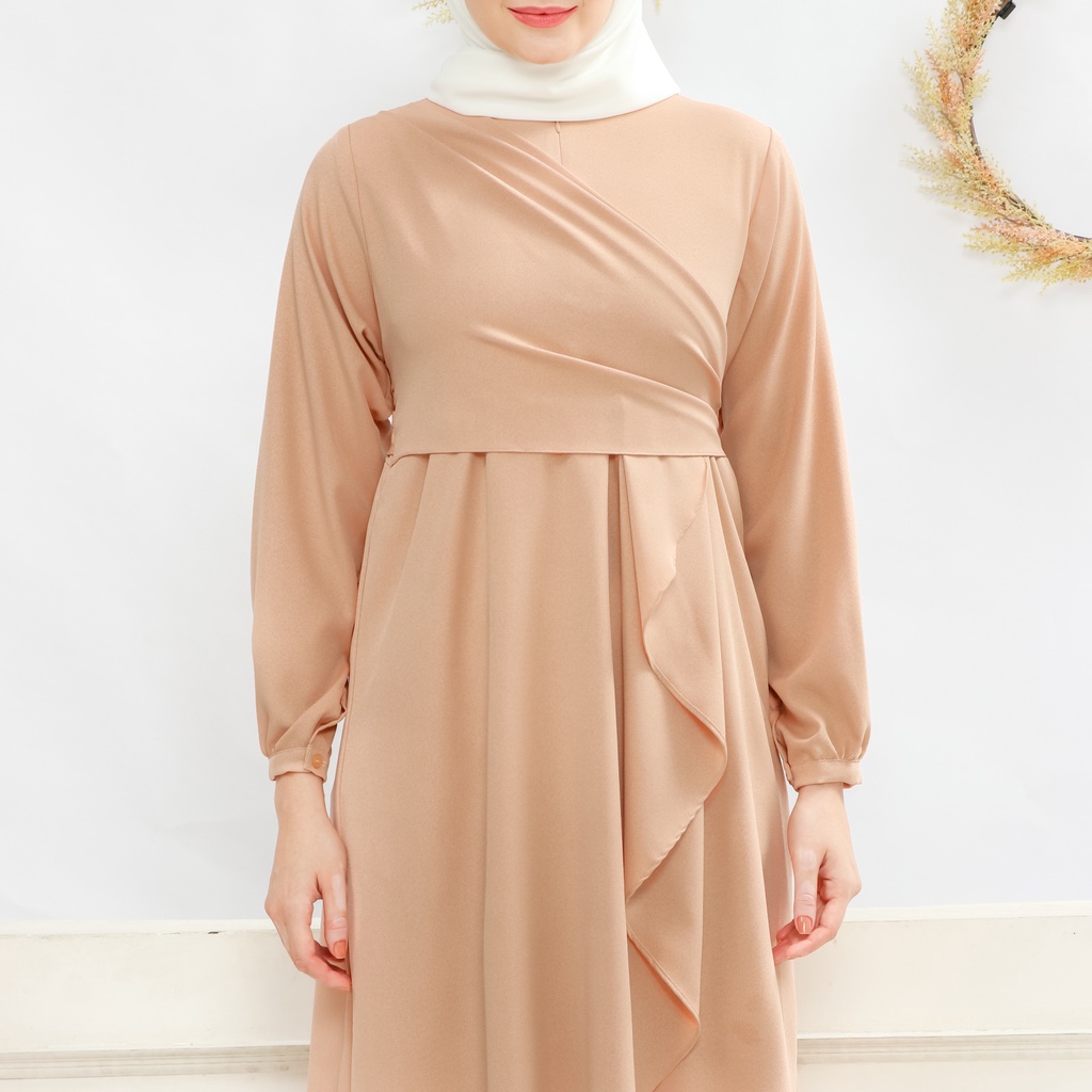Lalucuku Exclusive Raya Series Dress/ Gamis Emira Wanita Busui Frendly Kekinian Bahan Lady Zara Import-Peach