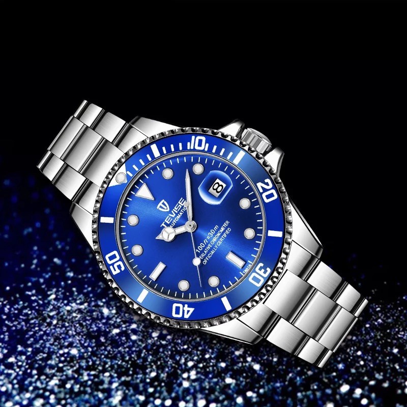 Jam Tangan Pria Mekanik Automatic Tevise Submariner Silver Blue