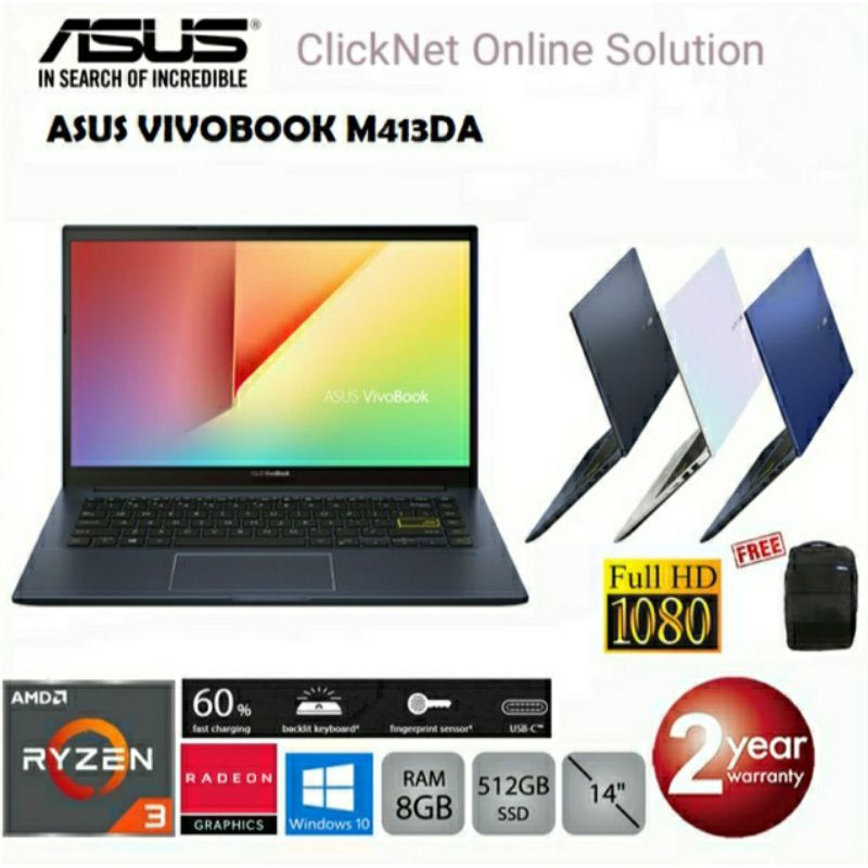 ASUS LAPTOP VIVOBOOK M413DA AMD Ryzen 3-3250U - 8GB RAM - 512GB SSD 14"FHD Win10