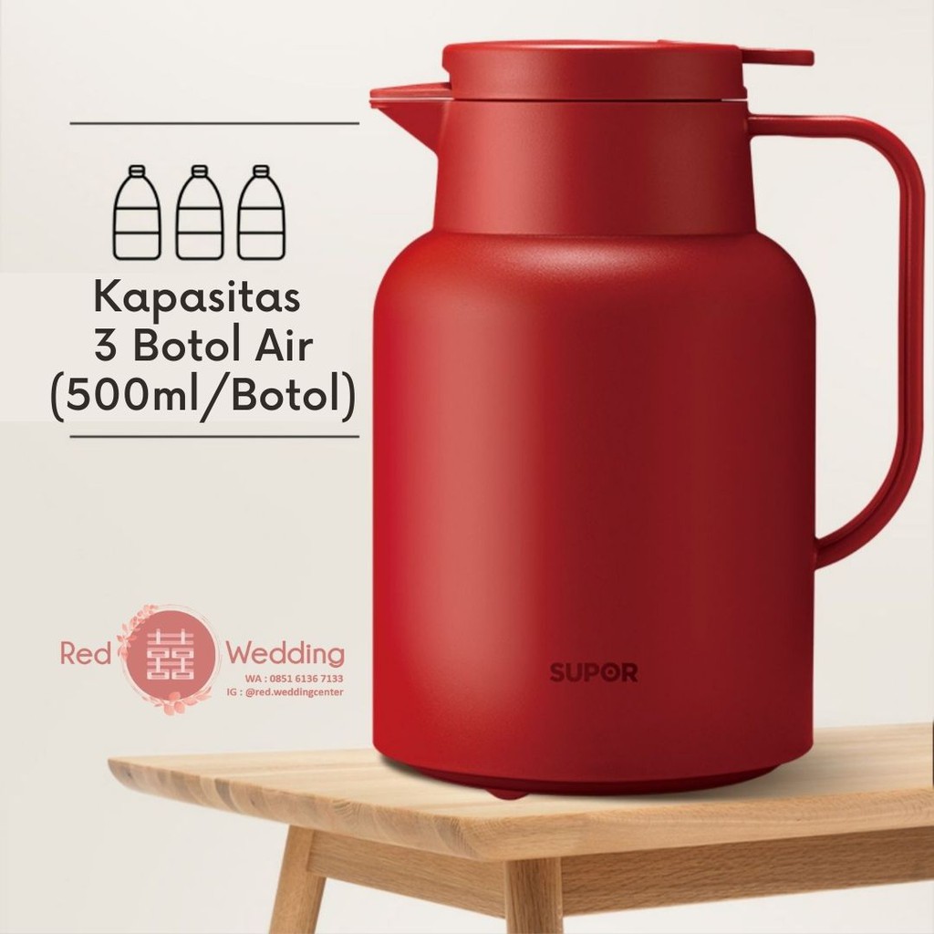 SUPOR Termos Teko Air Panas / Dingin Warna Merah Wedding Kapasitas Besar 1.5 Liter