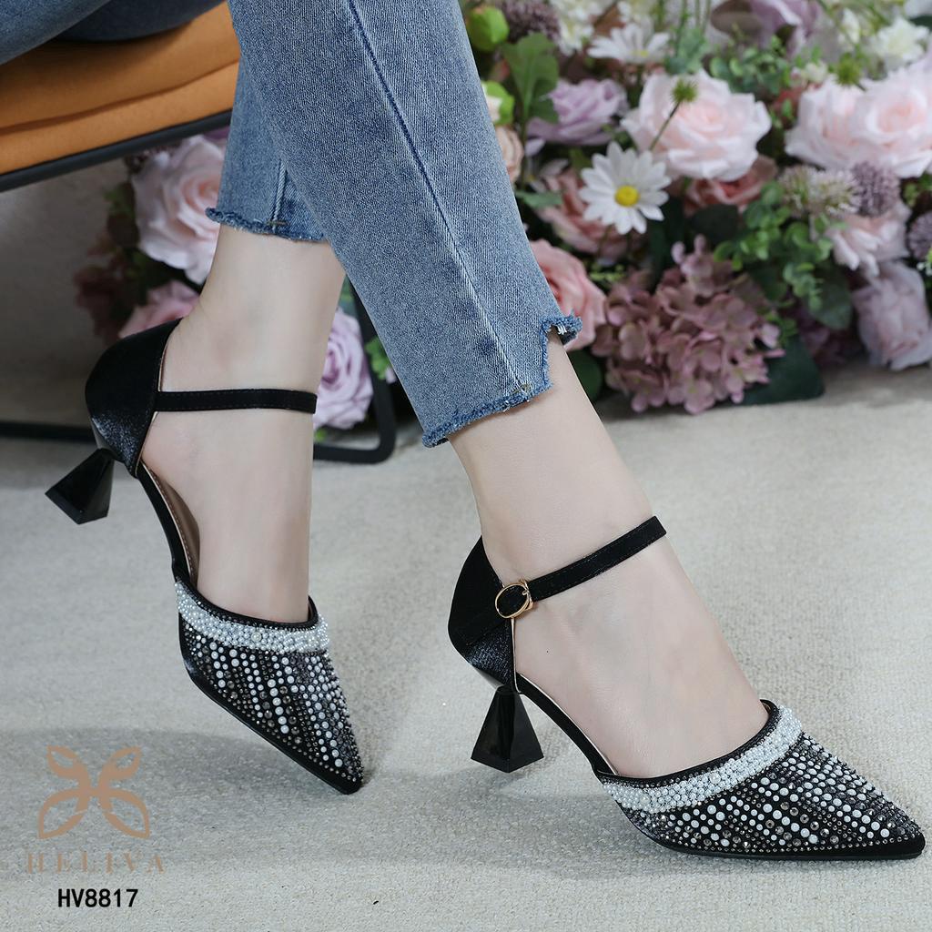 AURORA HELIVA High Heels 6cm Sepatu Hak Tinggi Lancip Pesta Ankle Warp Bahan Kulit Glitter Mutiara Manik HV8817 Original Brand