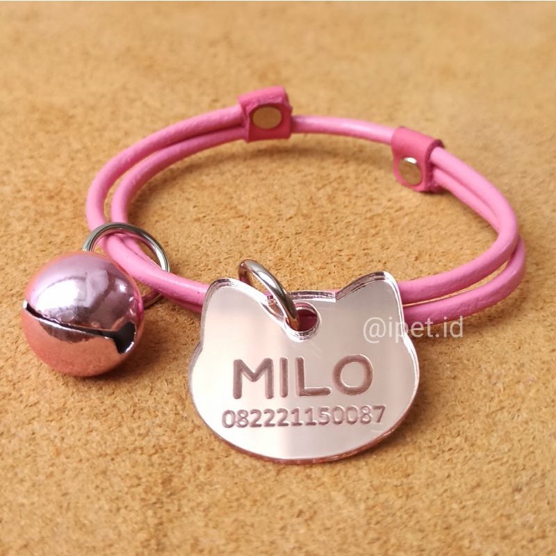 iPet KALUNG KUCING KULIT ASLI CUSTOM NAMA TAG AKRILIK LONCENG ROSE GOLD