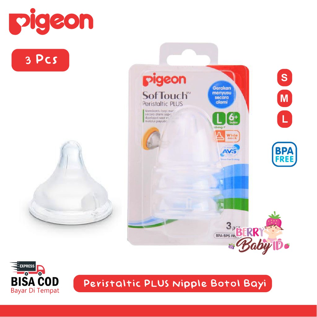 Pigeon 3 pcs Peristaltic Plus Nipple Blister Wide Neck Botol Susu Bayi Berry Mart