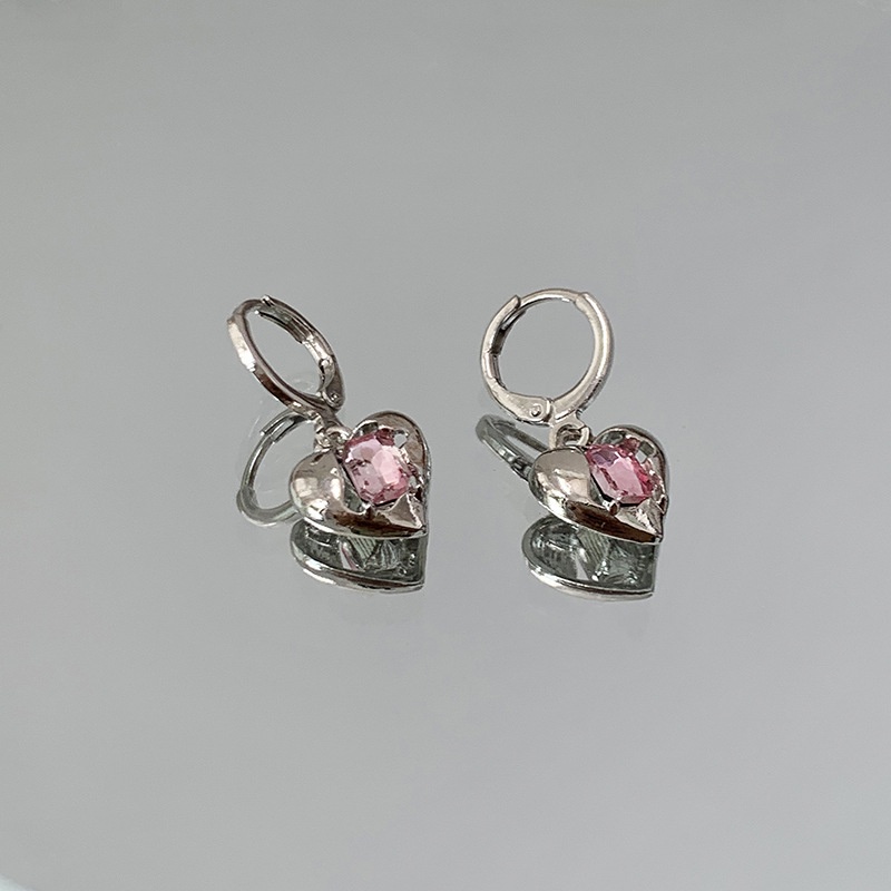 Anting Hoop Silver 2k Bentuk Hati Hias Batu Permata Pink Untuk Wanita