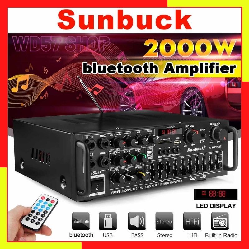 Power Amplifier Ampli Bluetooth Super Bass Equalizer Karaoke Home Theater FM Radio Sunbuck 2000W