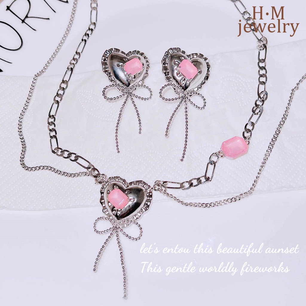 Set Kalung Pita Desain Hati Warna Pink