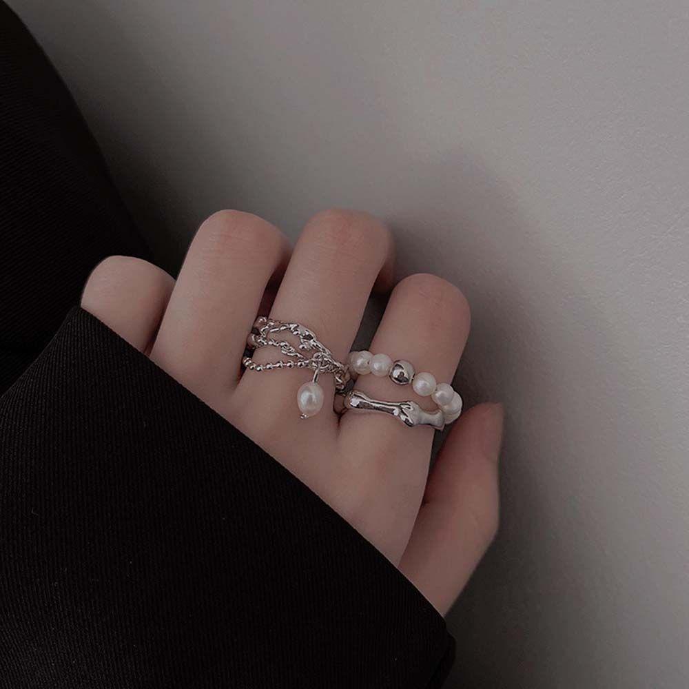 Mxbeauty Open Ring Hadiah Gadis Mutiara Imitasi Tidak Teratur Geometris Rantai Logam Gaya Korea Jari Rings