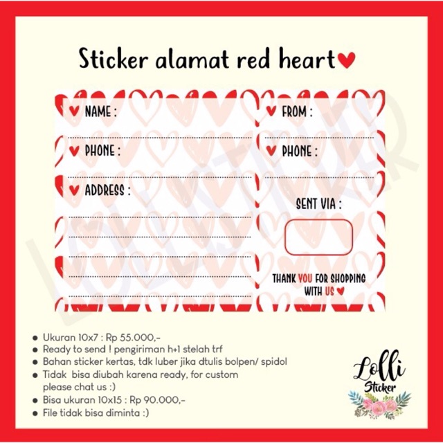 

Sticker Alamat Red Heart / Sticker Label Pengiriman Olshop / Label Alamat