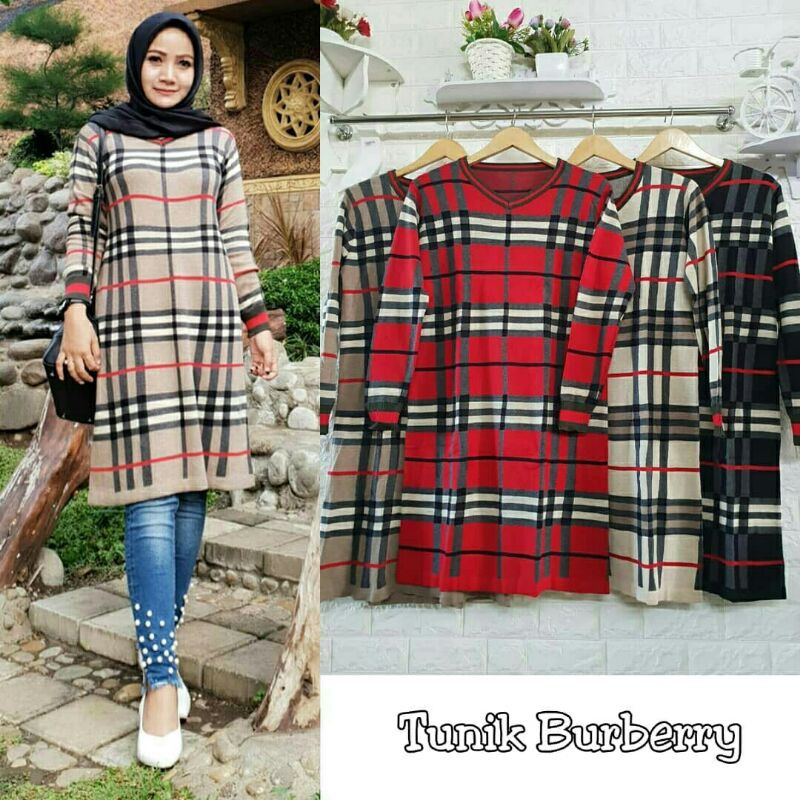 TUNIK BURBERRY mocca red cream black tunic cewek muslim rajut big size jumbo motif kotak kotak murah