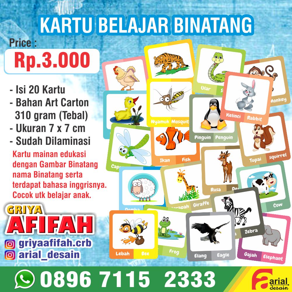 Kartu Edukasi / Kartu belajar Anak / Gambar Binatang