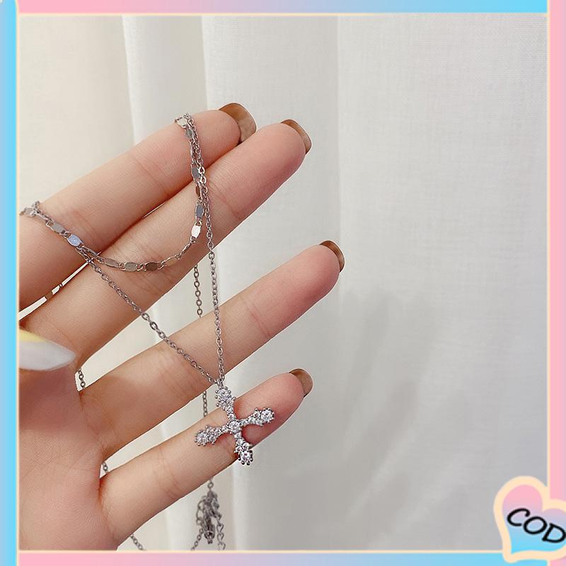 COD❤️ Hip Hop Cross Double Layer Necklace Feminin Fashion Micro Inlaid Zircon Pendant-A.one