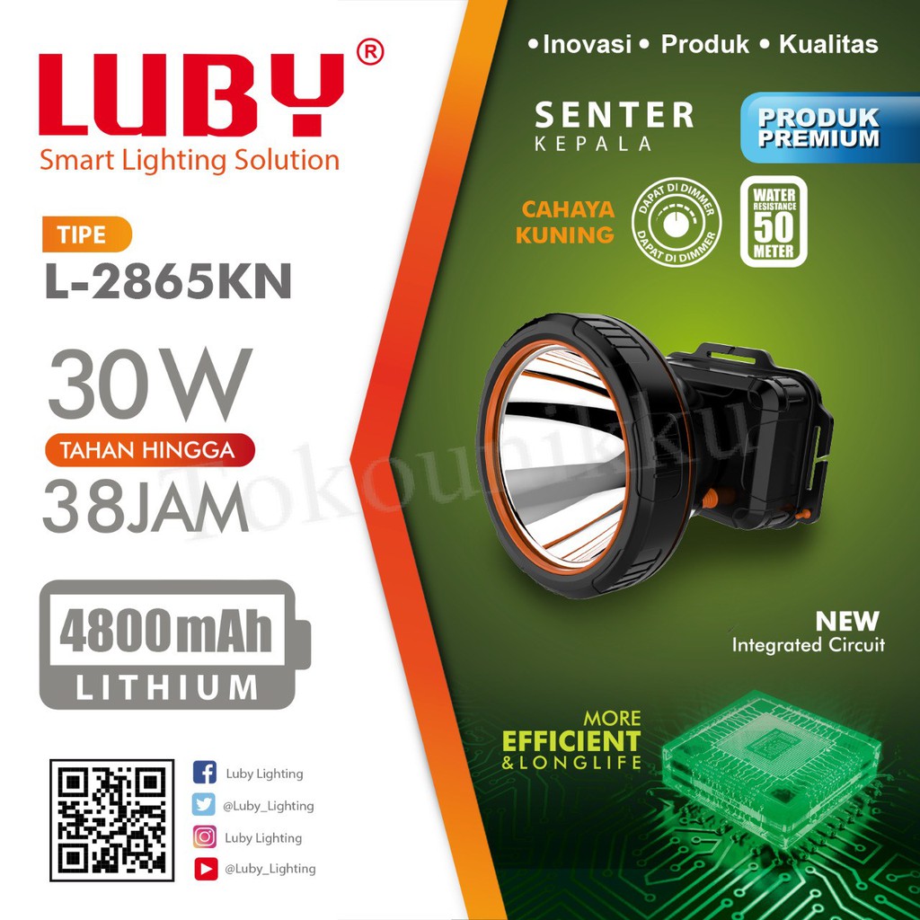 Luby Senter Kepala LED Super Terang Lithium L 2865KN LAMPU KUNING 30 Watt