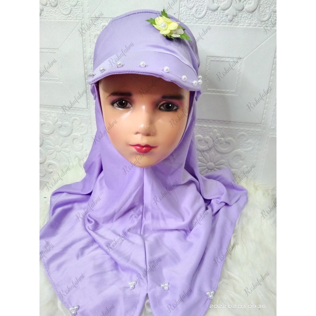 Jilbab Anak Model Topi Bunga Mutiara Warna Lilac