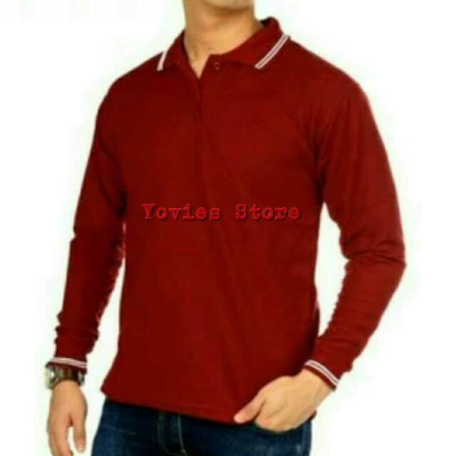 Kaos Polo T-Shirt Kerah Polos Lengan Panjang Bahan Lacoste Warna Merah