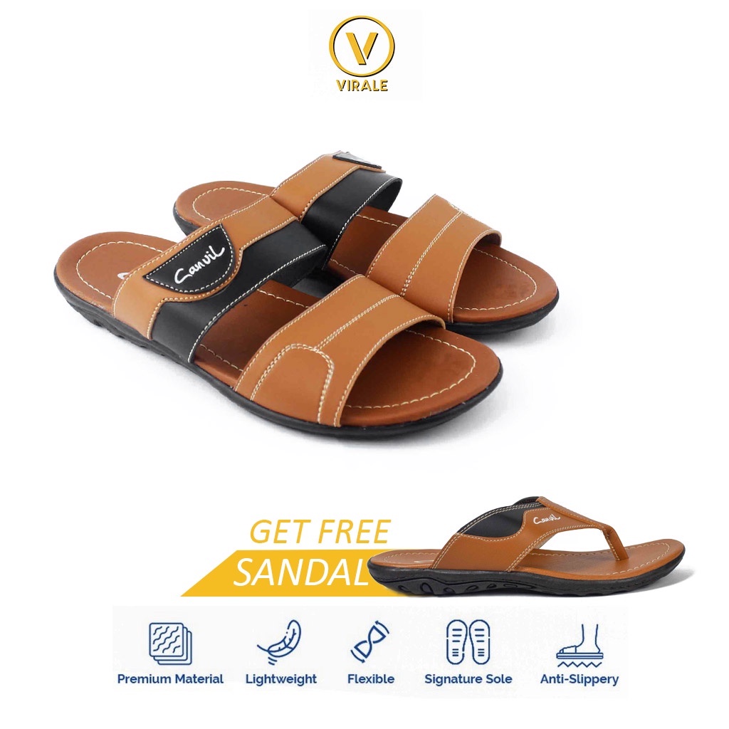 Sandal Selop Pria Distro Casual Murah Original GRATIS Sendal Jepit Pria Keren CVL 11 - CVL 01 TAN