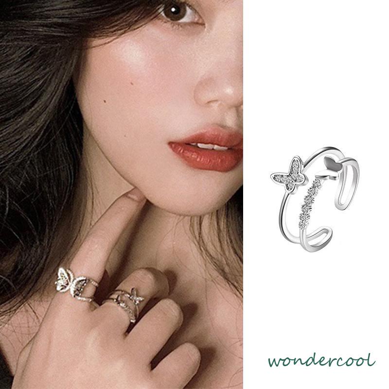 Double Butterfly Diamond Ring Pembukaan Cincin Dapat Disesuaikan Wanita Fashion Perhiasan Aksesoris Hadiah Natal -Won