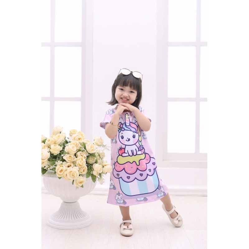 DRESS UNICORN, DRESS SCUBA PRINTING, HOMEDRESS,BAJU ANAK CEWEK,BAJU ANAK LUCU