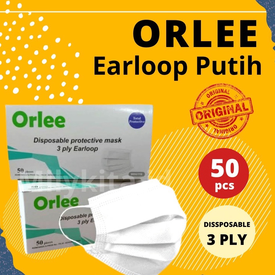 Masker Orlee Earloop Cantol Putih 3 Ply Original Emboss Kemenkes Isi 50 Pcs