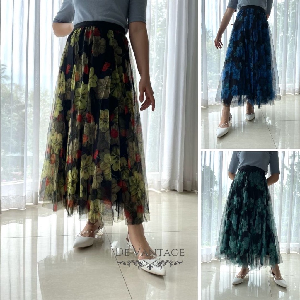 Rok Tile / Rok Tutu Motif Bunga / Floral Maxi Skirt