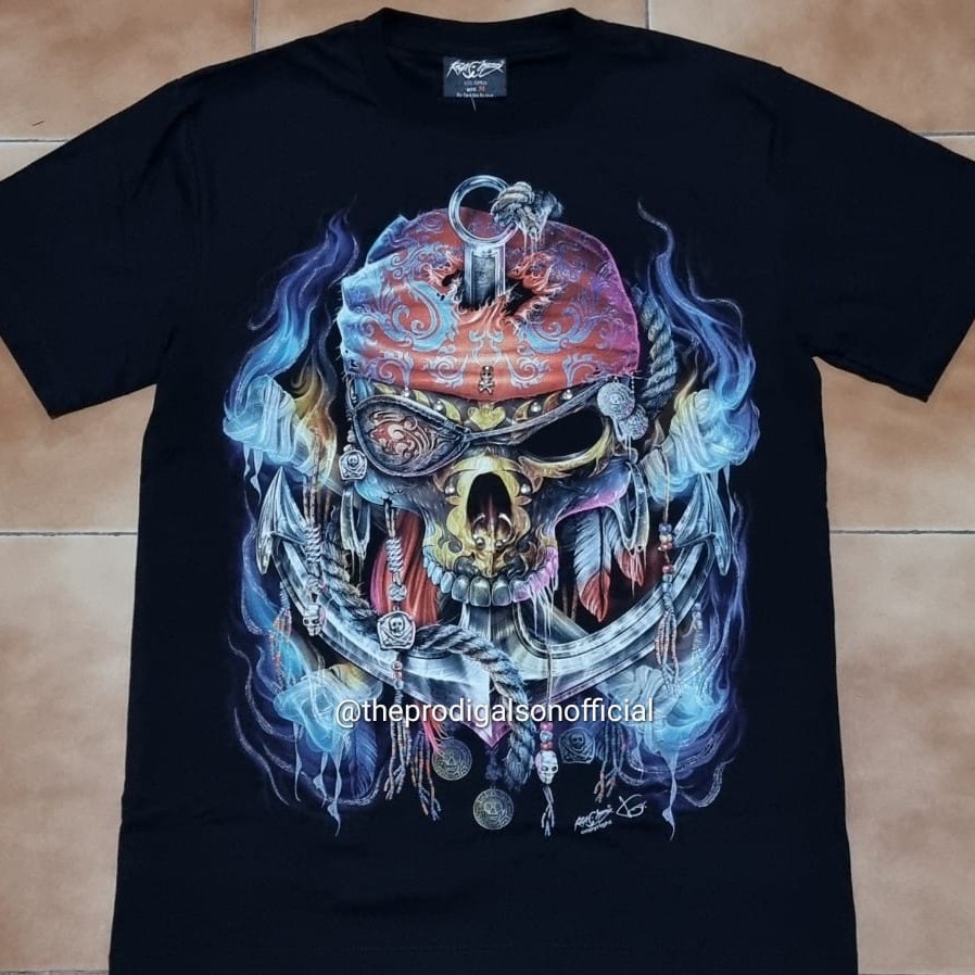 Kaos Rock Chang Import Size XL Tengkorak Pirate 4D Glow in The Dark