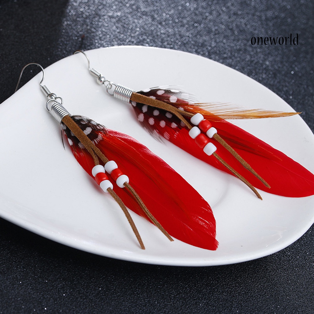 OW@ Bohemian Women Indian Feather Beads Tassel Dangle Hook Earrings Jewelry Gift