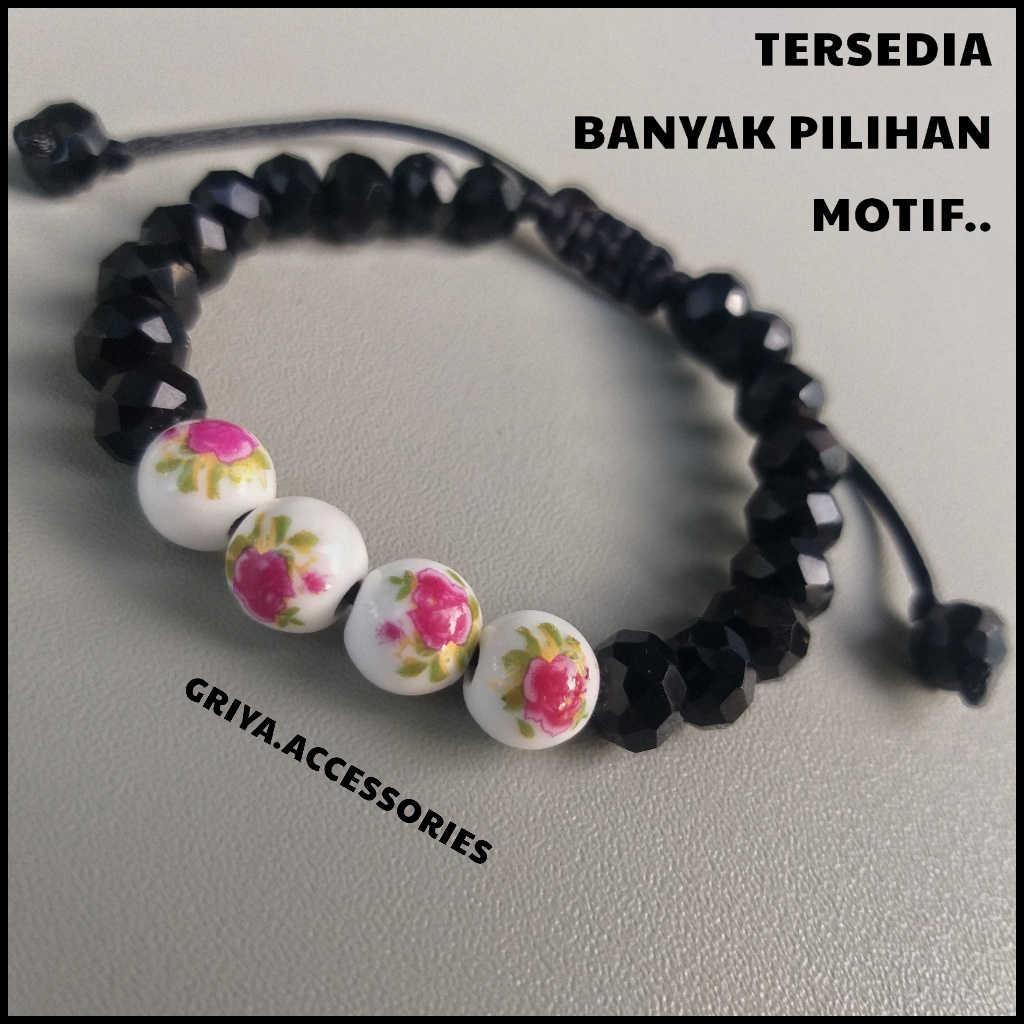 Gelang Kristal Mix Tensha Keramik Motif Bunga 8mm ( Tensha China )