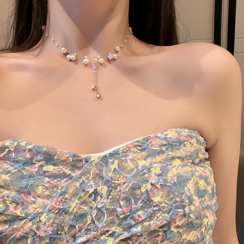 Kalung Choker Dengan Liontin Bentuk Hati Aksen Mutiara Kristal Untuk Wanita