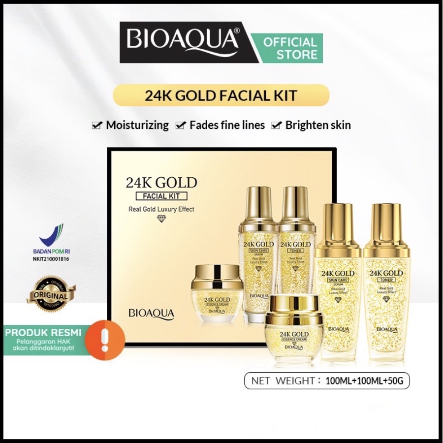 BIOAQUA 24K Gold Facial Kit (Toner, Serum Skin Care, Essence Cream) Set Perawatan Wajah Brightening Anti Aging READY ORIGINAL BPOM